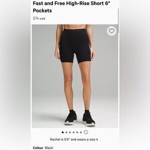 Like New Lululemon Fast and Free High-Rise Short 6" Pockets Size 8 Black